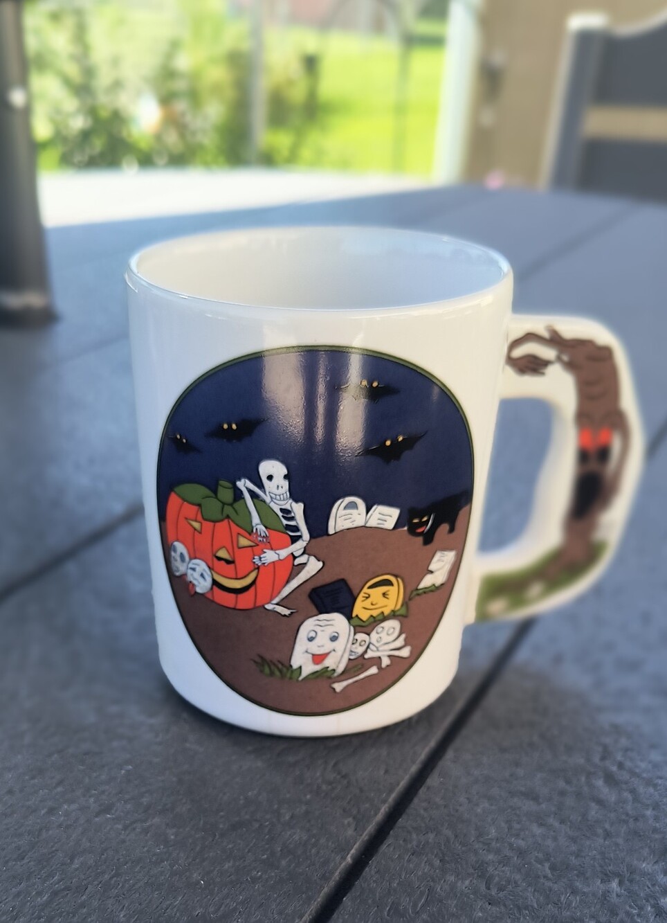 Vintage Halloween Mug White Ceramic Graveyard Handle With Decorations 1980s